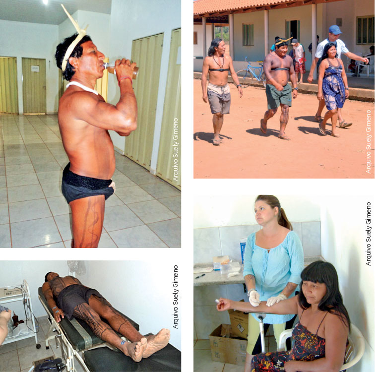 Quatro fotos de índios fazendo exames médicos