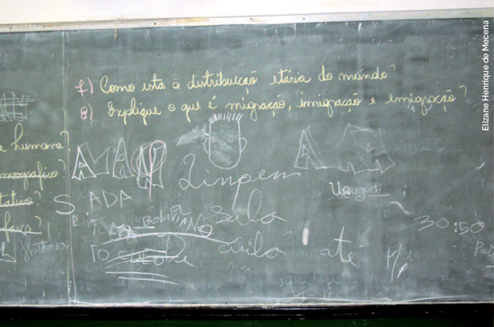 Uma lousa velha, escrito em giz "Como está a distribuição etária no mundo? Explique o que é migração, imigração e emigração?"