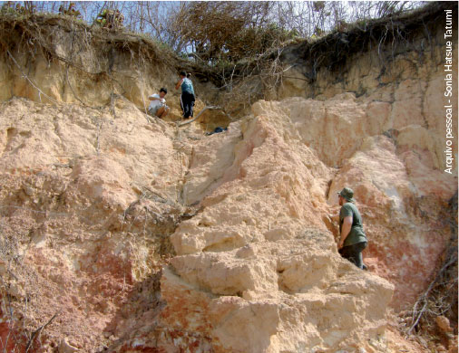 Uma fotografia de uma área externa, onde pesquisadores colhem amostras de solo