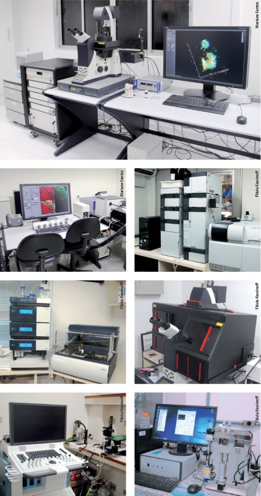 Montagem com seta imagens de microscópios e computadores