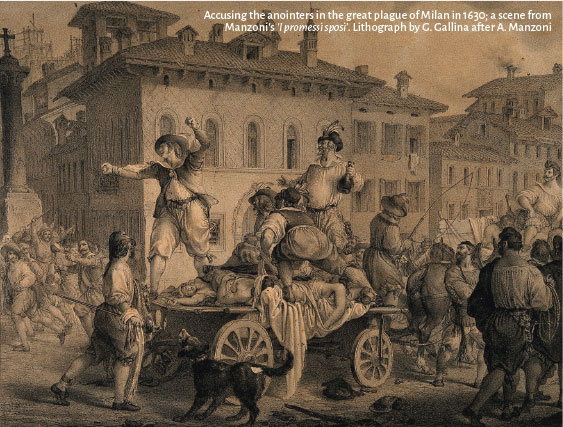 Litografia, que mostra uma carroça com corpos em meio a uma cidade / Accusing the anointers in the great plague of Milan in 1630; a scene from Manzoni's 'I promessi sposi'. Lithograph by G. Gallina after A. Manzoni