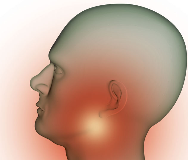 Ilustração de uma cabeça de perfil, com sinal vermelho na área do pescoço