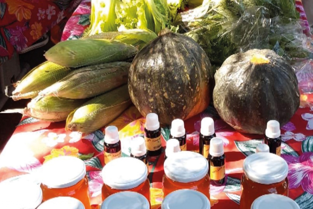 Imagem de uma mesa, com verduras, milho, abobora e mel