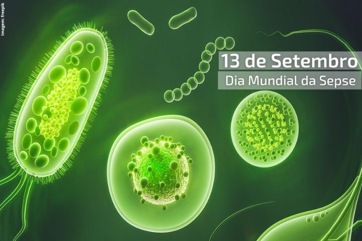 Imagem ilustrativa de microrganismos verdes, com os dizeres: 13 de setembro - Dia Mundial da Sepse