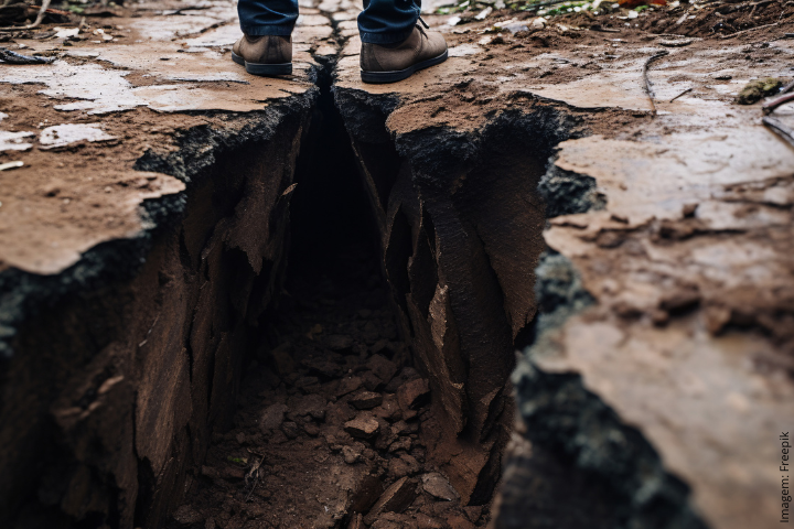 Imagem mostra uma rachadura na terra e os pés de um homem à frente